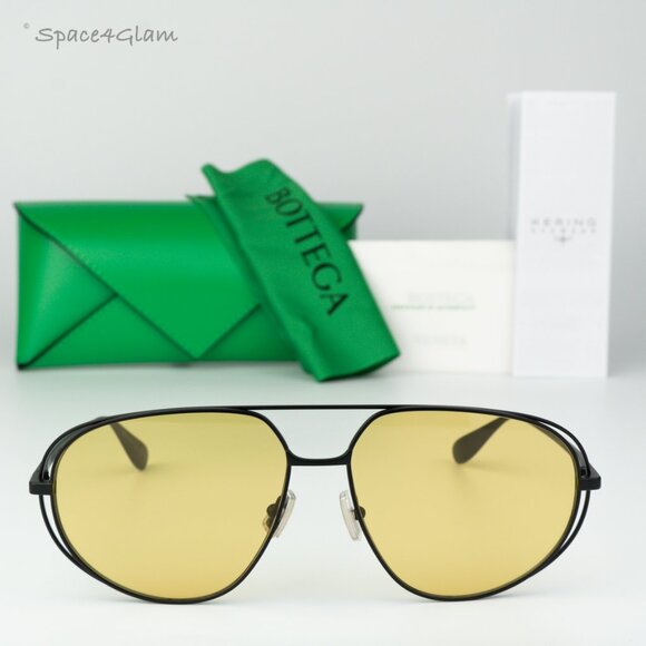 BRAND NEW Bottega Veneta BV1344S 002 Black Yellow Pilot Unisex Sunglasses - Picture 3 of 11